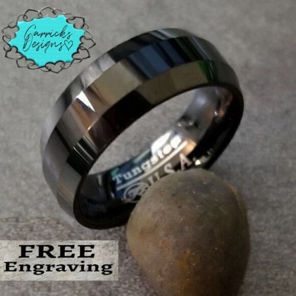 Personalized Men's Real Black Tungsten Wedding Ring - Step edges - Picture 7 of 7